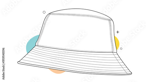 Fashion technical drawing of a plain white bucket hat with visible stitching details for summer headwear design and production.