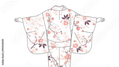 Elegant white Japanese kimono seen from the back featuring a delicate pink cherry blossom floral pattern for traditional culture themes.