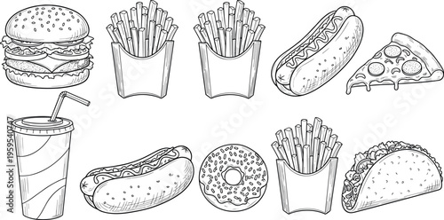 Fast food hand drawn sketch set with burger fries hotdog pizza donut taco and drink vintage vector illustration collection isolated