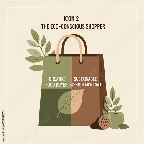 Stylized illustration of an eco-conscious shopper's sustainable lifestyle, embodying choices for organic food and advocating for environmentally friendly fashion