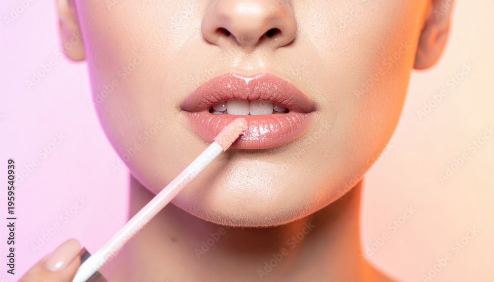 Naklejka premium A detailed close-up of a woman's lips as she applies glossy lipstick, set against a soft pink and purple gradient background.