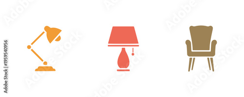 A comprehensive group of furniture icons with Stampico style.