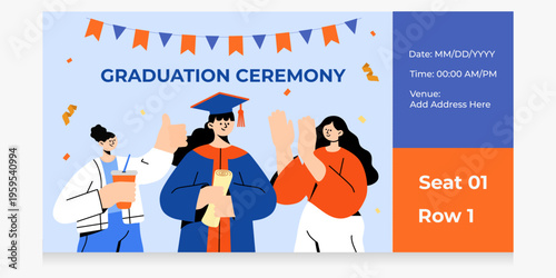 Graduation ceremony invitation card with illustration of happy graduate woman holding diploma and friends celebrating. Academic achievement event template with customizable ticket stub details.