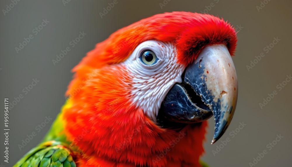 Fototapeta premium The image features a vibrant, close up view of a colorful parrot with striking red, orange, and green feathers