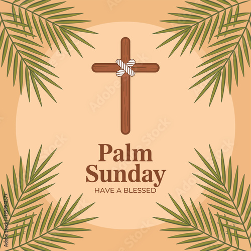 Brown wooden cross with palm fronds on beige background for Palm Sunday