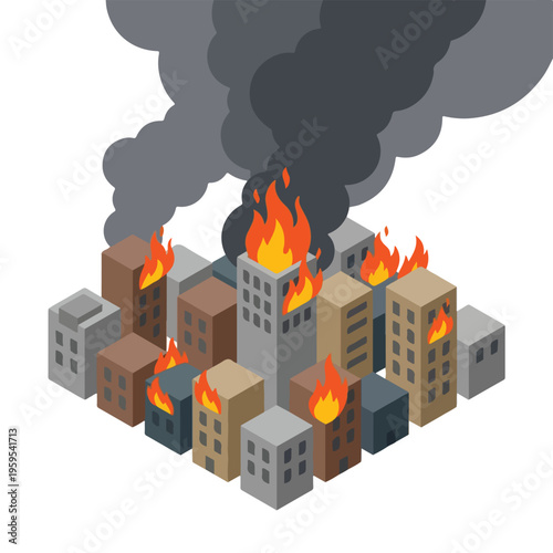 vector isometric condition of a city on fire 9