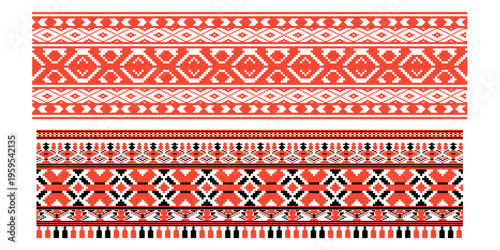 Slavic ornament with symbols of the power of nature. Traditional geometric patterns in authentic red and white colors arranged as repeating decorative designs. Flat vector illustration