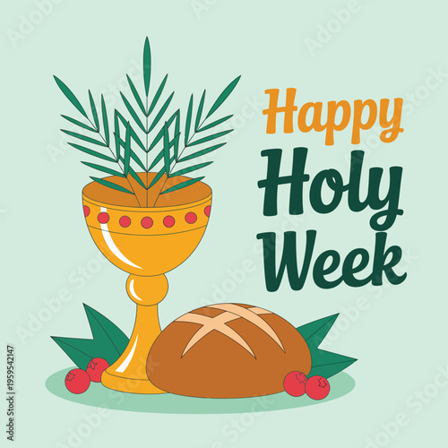 Happy Holy Week greeting with palm frond and cross