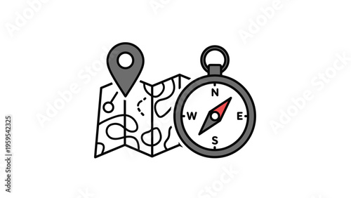 Navigation concept combines a folded map with a location pin and a classic magnetic compass to represent travel and exploration.