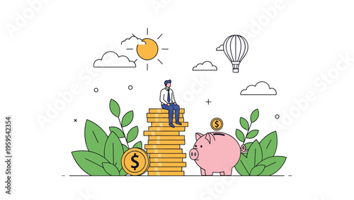 Flat illustration of a businessman sitting on a tall stack of gold coins next to a large pink piggy bank in a lush garden.