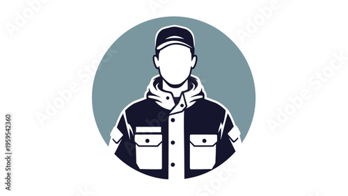 Circular avatar icon of a man in a dark cap and hooded utility jacket for a professional or outdoor profile representation.