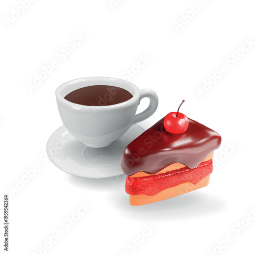3d coffee and pastry. Coffee breakfast americano cappuccino espresso and Sweet cake desserts with cream and chocolate . Dessert, morning coffee vector