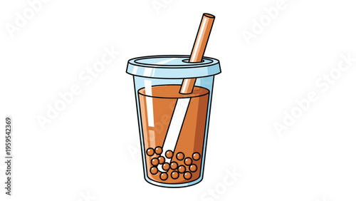 Refreshing bubble tea in a clear plastic cup with a large straw and delicious brown tapioca pearls at the bottom.