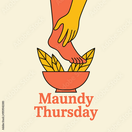 Minimalist of a foot washing bowl with towel and text