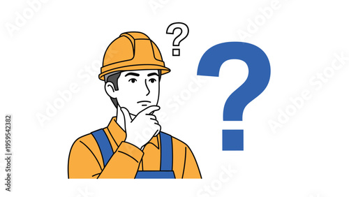 Construction worker wearing an orange hard hat looks thoughtful and confused while contemplating a complex problem.