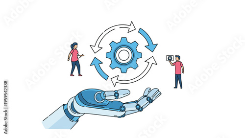 Robotic arm supports a large gear mechanism while two small human characters work together in an automated system.