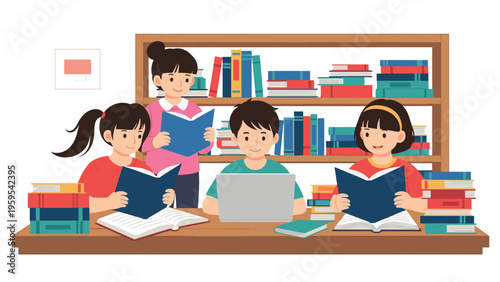 Diverse group of school children studying together with books and a laptop in a library with packed bookshelves.