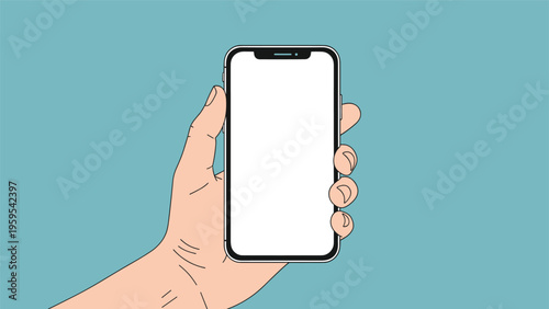 Hand holding a modern smartphone with a blank white screen against a solid teal background for app and mobile web mockups.