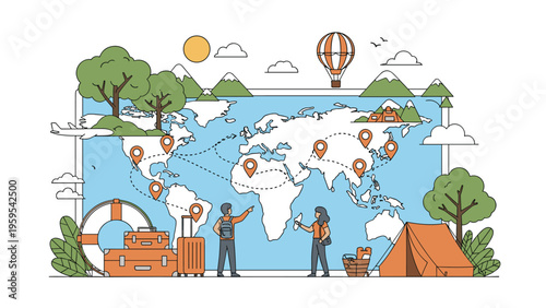 Travel and tourism illustration featuring a world map, diverse luggage, camping equipment, and adventurous people.