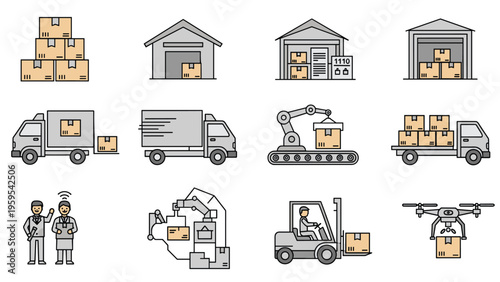 Comprehensive set of logistics and supply chain icons including warehouses, trucks, robotic arms, and delivery drones.