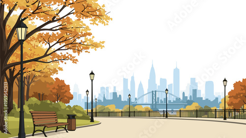 Beautiful autumn park landscape featuring a wooden bench, street lamps, and a city skyline under a clear pale sky.