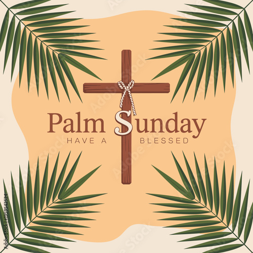 Palm Sunday greeting card with brown cross and palm leaves