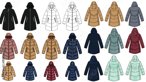 Large collection of quilted puffer jackets in various colors and styles shown in a flat fashion sketch style.