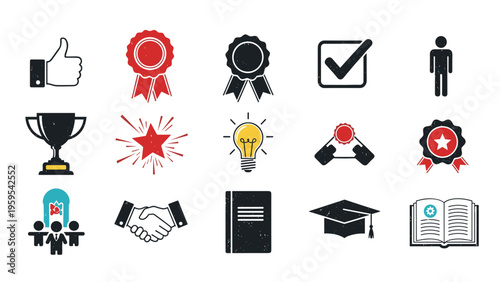 Set of diverse achievement and business icons including medals, trophies, thumbs up, and graduation caps in a row.
