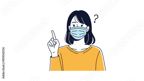 Young woman wearing a medical face mask looks confused and points up with a question mark symbol next to her head.