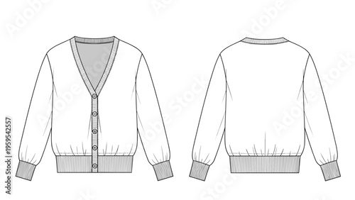 Technical fashion flat sketch of a classic v-neck cardigan sweater shown from front and back view perspectives.
