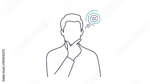 Simple line drawing of a man in a thinking pose with a dizzy swirl symbol above his head representing confusion.
