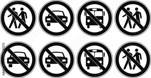 Collection of restriction regulatory signs showing no walking no car and no bus transportation access for safety and urban traffic control