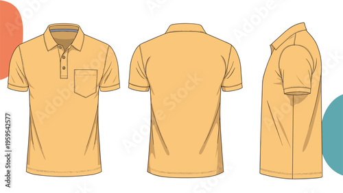 Technical fashion flat sketch of a yellow polo shirt with a pocket shown from front, back, and side view perspectives.
