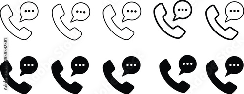 Phone call icon set collection with diverse handset and speech bubble silhouettes for customer service support and communication design.