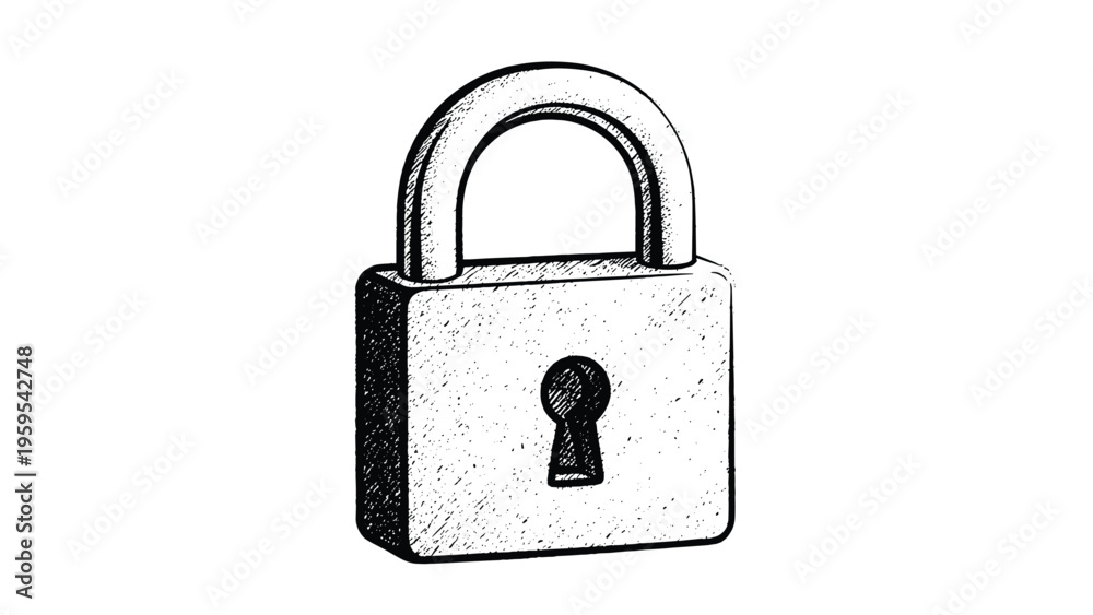 Fototapeta premium Hand-drawn style illustration of a heavy-duty metal padlock representing security, safety, and privacy protection.