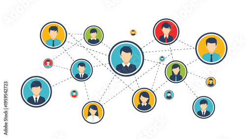 Social media network diagram with colorful circular avatars of people connected by dashed lines for communication.