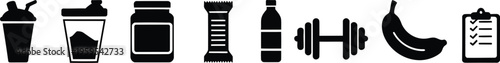 Sports nutrition and fitness icons set featuring protein shaker supplement jar dumbbell water bottle banana and workout checklist silhouettes vector.