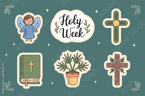 Six colorful religious stickers for Holy Week featuring crosses and symbols