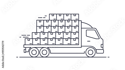 Delivery truck loaded with many cardboard boxes is depicted in a clean line art style symbolizing logistics, freight, and shipping.