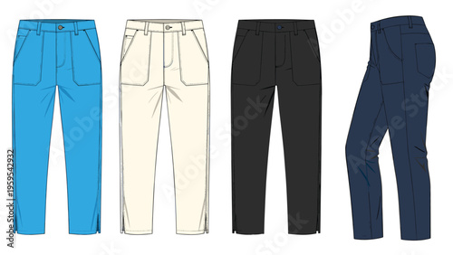 Fashion flat sketches show casual trousers in blue, cream, black, and navy including a side view for technical apparel specifications.