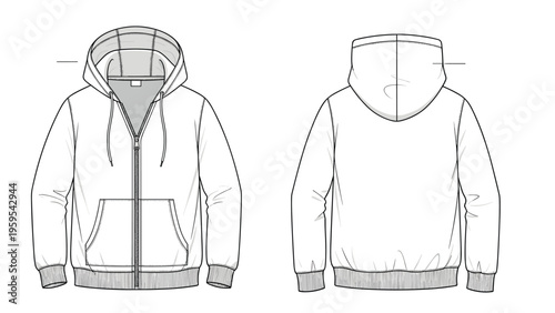 Technical apparel sketch of a zip-up hooded sweatshirt shows the front and back details for manufacturing and fashion design.
