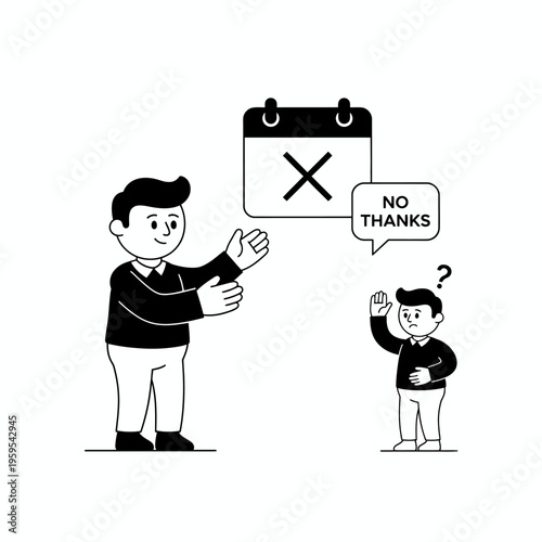 Man refusing a calendar appointment with a question mark.