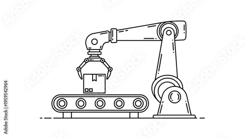 Industrial robotic arm picks up a box from a conveyor belt in a clean line art style representing factory automation and tech.