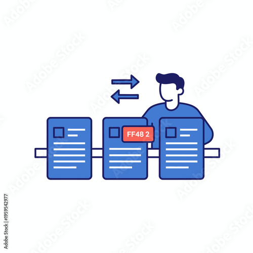 Man reviewing documents with arrows indicating workflow.