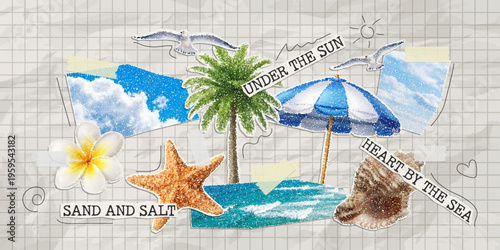 Vector trendy paper cutout summer elements with stipple effect. Modern collage template.