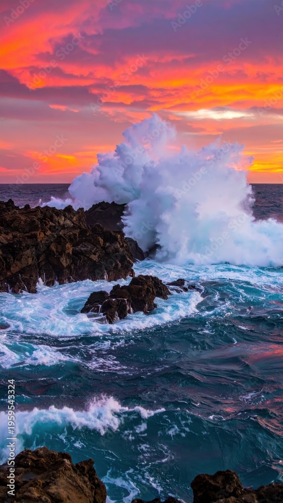 Fototapeta premium Powerful ocean waves crash against rugged rocks under a vibrant sunset sky, showcasing nature's raw beauty and dynamic energy.