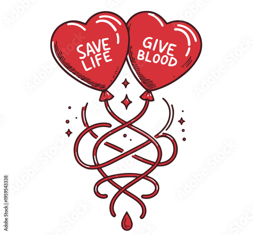 Blood donation concept png illustration with heart shaped balloons, intertwined tubing and Save Life Give Blood text in vintage hand drawn style