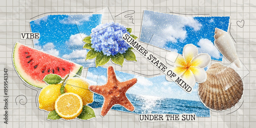 Vector trendy paper cutout summer elements with stipple effect. Modern collage template.
