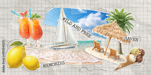 Vector trendy paper cutout summer elements with stipple effect. Modern collage template.