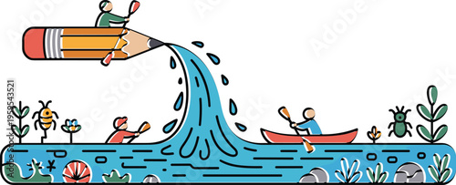 Creative concept flat vector illustration of pencil turning into blue water stream with people rowing boats for artistic inspiration.